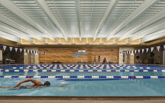 An adult male swimming laps in an indoor lap pool