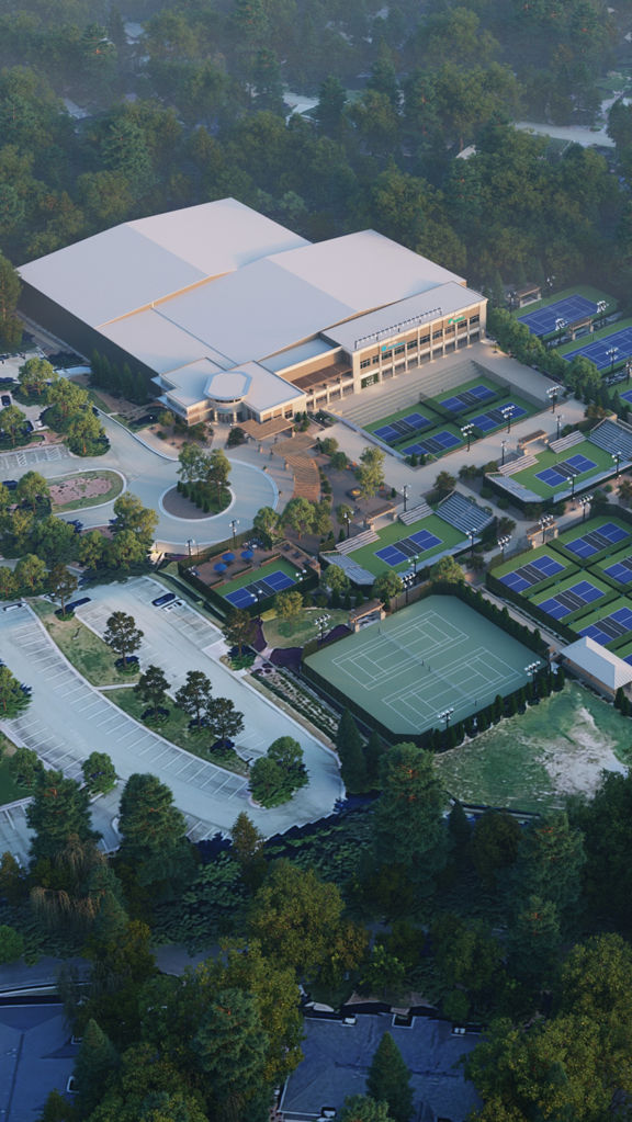 an aerial view of Life Time and outdoor tennis and pickleball courts