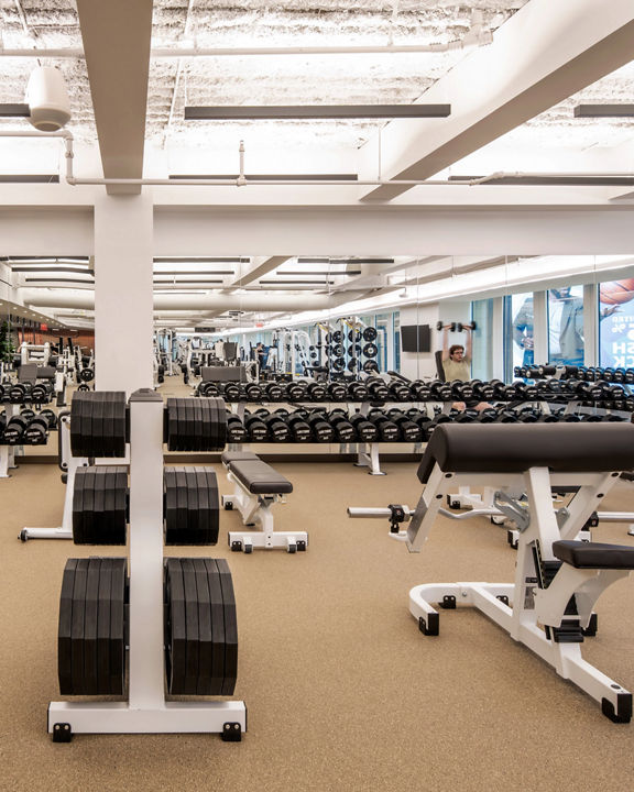 Strength equipment on the fitness floor at Life Time