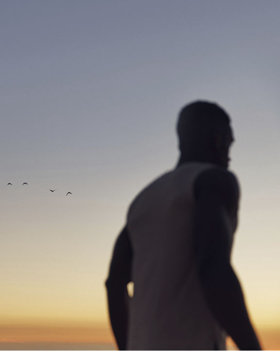 Birds flying overhead while a man walks on the beach at sunset