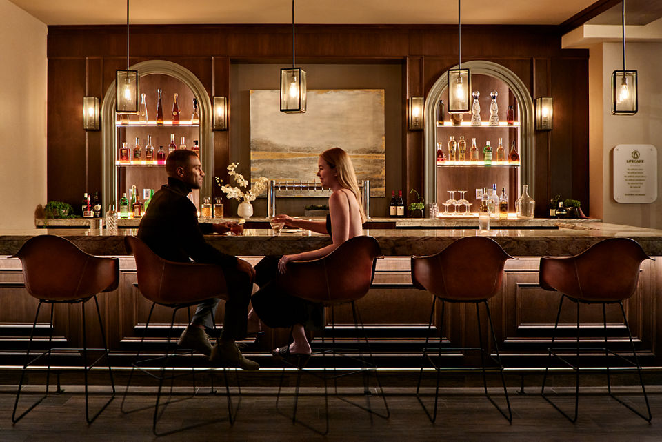 A couple sitting at the bar in deep conversation while drinking alcohol beverages