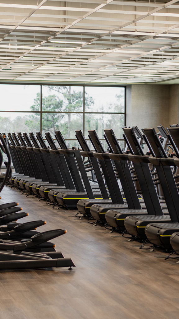 Row of treadmills on the fitness floor at Life Time