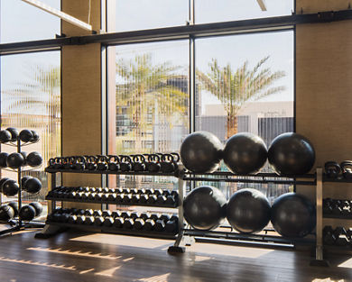 A fitness floor rack filled with kettlebells, weighted balls, and dumbells