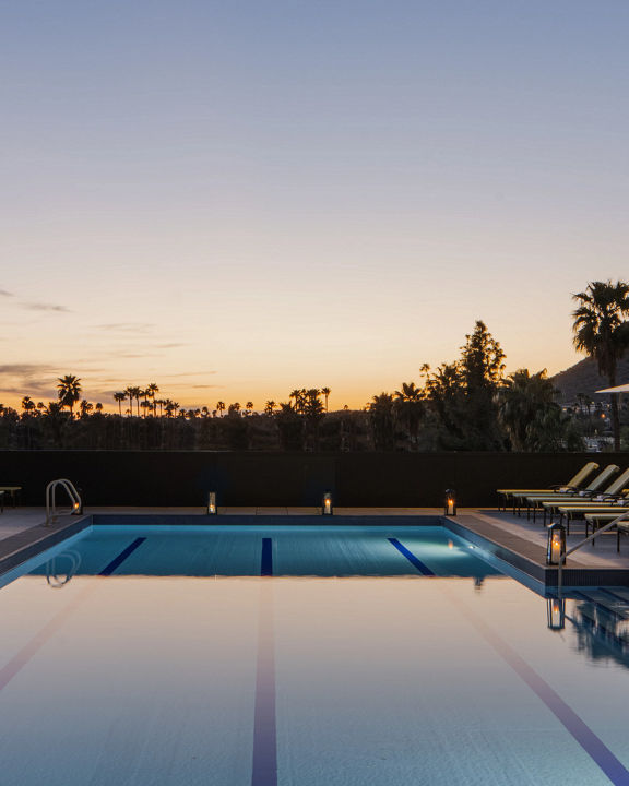 Rooftop pool at dusk at the Scottsdale Fashion Square Life Time club