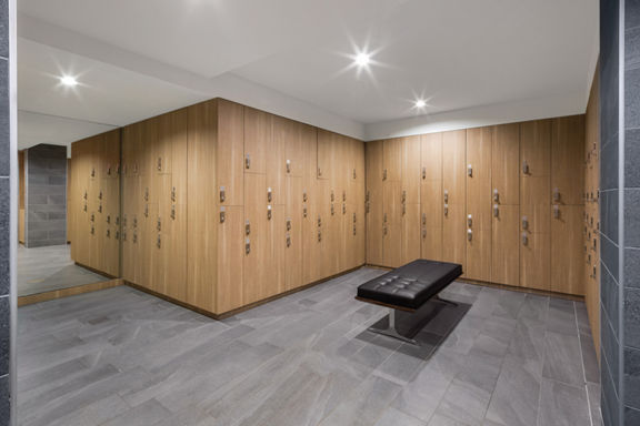 Locker bay in the locker room at the Life Time Sky club location