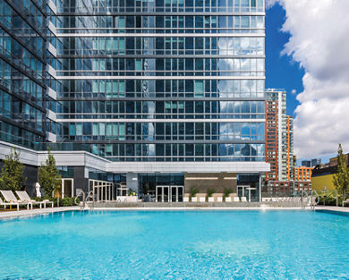 The rooftop pool deck at Life Time Sky