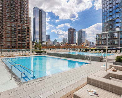 The rooftop pool deck at Life Time Sky