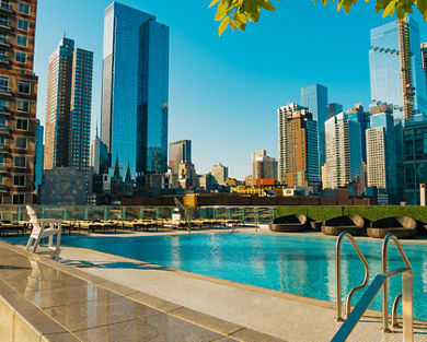 The rooftop pool deck at Life Time Sky