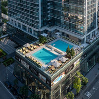 An aerial view of the rooftop pool deck at Life Time Sky