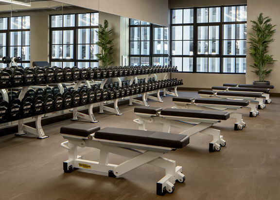 Weight benches and dumbbells on the fitness floor at the Life Time Stamford club location