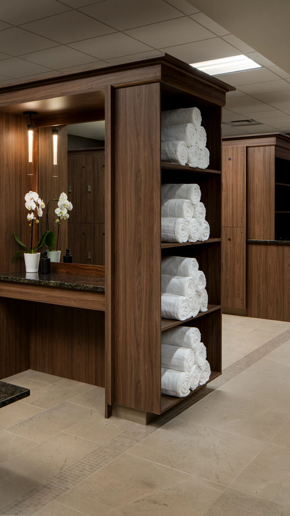 Locker bays with rolled white towels in the locker room at Life Time