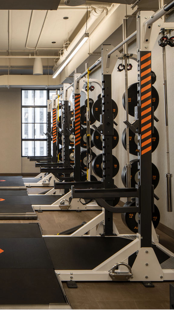 Alpha Studio filled with free weights at Life Time