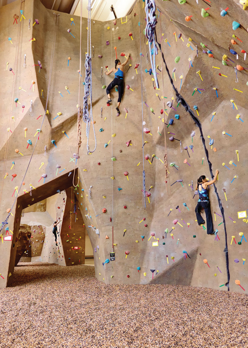 Life Time club members climbing on an indoor rock wall