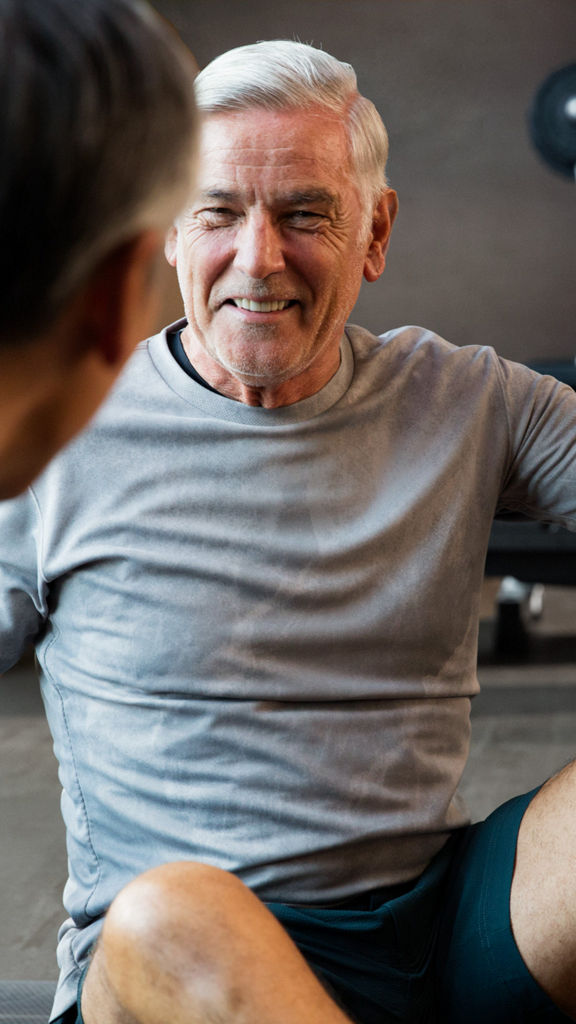 Male participants talking during a group training session