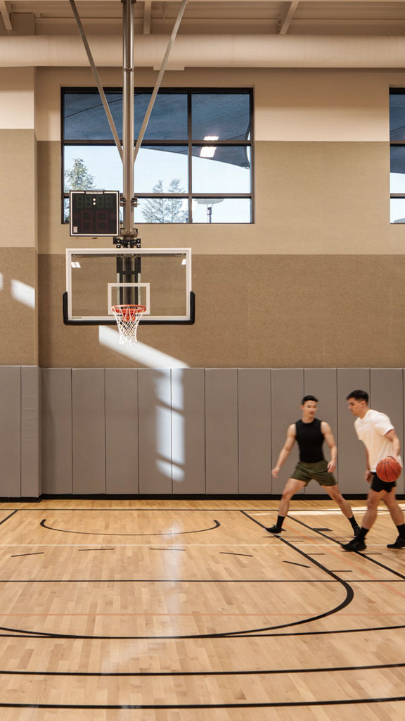 two boys playing on a basketball court