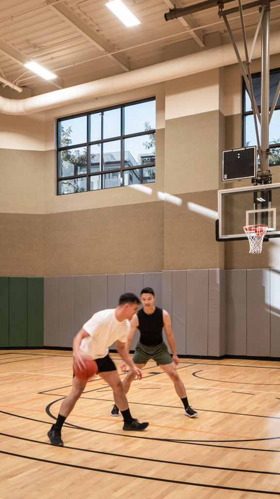 Two Life Time members playing basketball in the gymnasium at the Life Time Walnut Creek club location