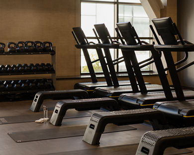 Line of treadmills in the small group training area on the fitness floor