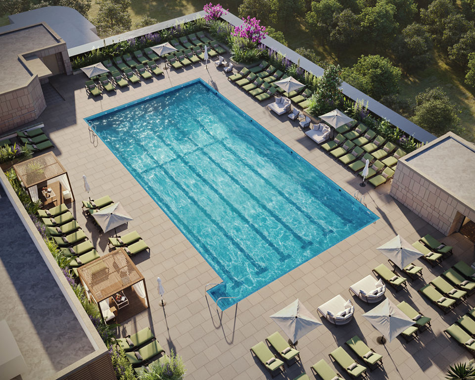 Overhead view of the rooftop pool at the Life Time Walnut Creek club location