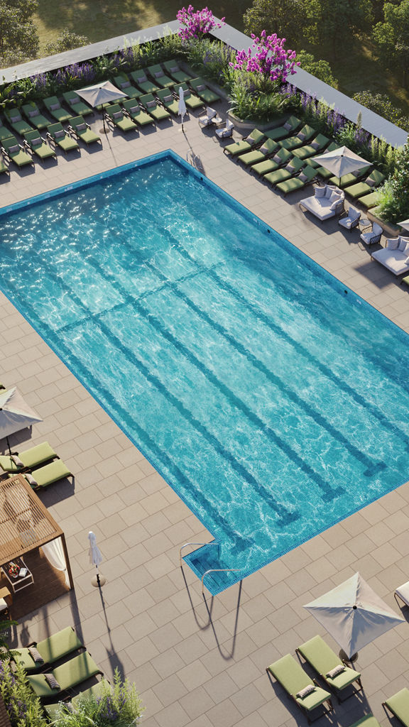 Overhead view of the rooftop pool at the Life Time Walnut Creek club location