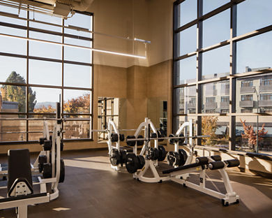 Weight benches on the fitness floor at the Walnut Creek Life Time club location