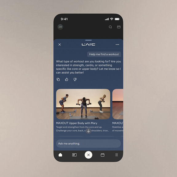 lfe time app showing ai laci asking a question about workouts