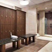 Lockers and shower area at Life Time Studio Battery Park