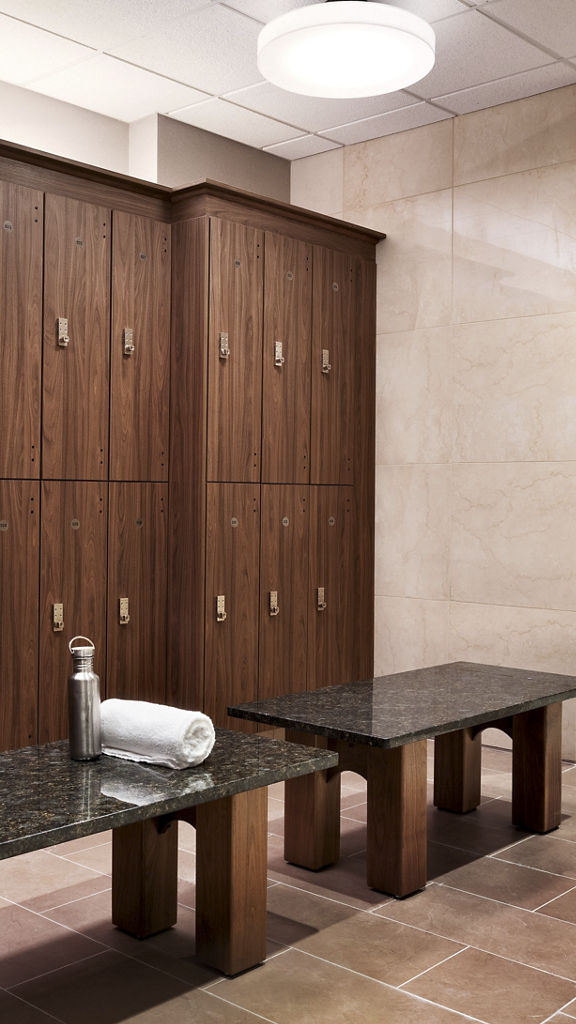 Lockers and shower area at Life Time Studio Battery Park