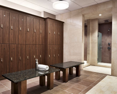 Lockers and shower area at Life Time Studio Battery Park