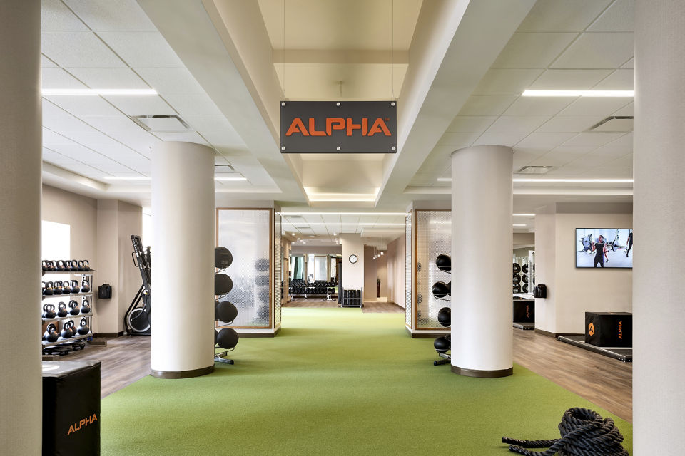 An turfed Alpha training aread with kettlebells, medicine balls, and plymoetric jump boxes