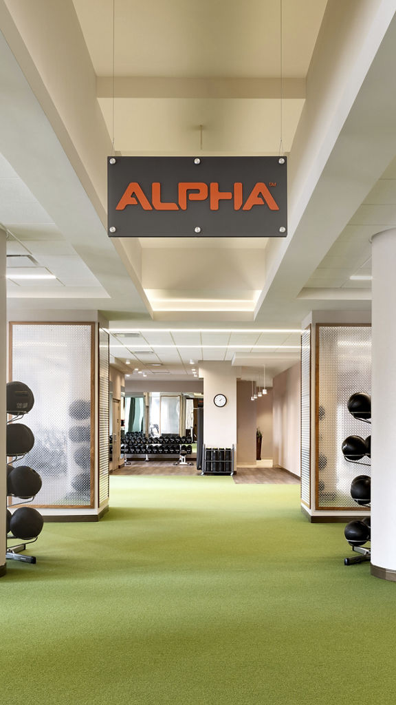 An turfed Alpha training aread with kettlebells, medicine balls, and plymoetric jump boxes