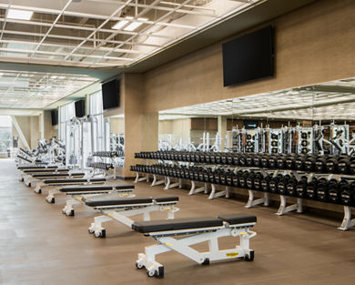 Weight benches on the fitness floor at Life Time