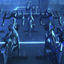 Cycle studio lit with blue lights located at the Life Time Frisco club locaton