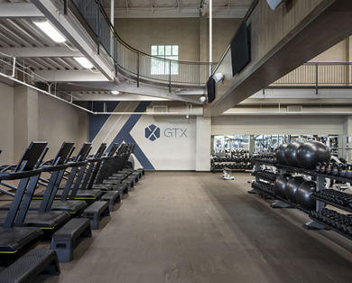 A row of treadmills, kettlebells, and medicine balls in a GTX training area