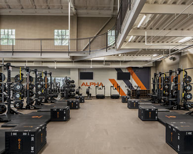 An Alpha training aread with plyometric boxes, squat racks, and treadmills