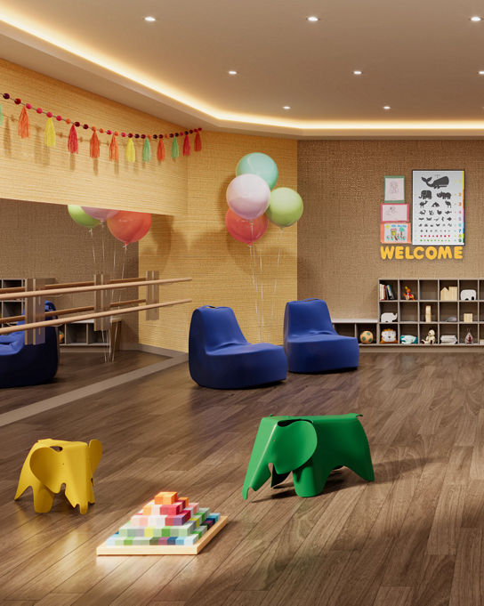 Toys, chairs and tables at the Kids Academy area at the Missouri City, Sienna Plantation Life Time club location