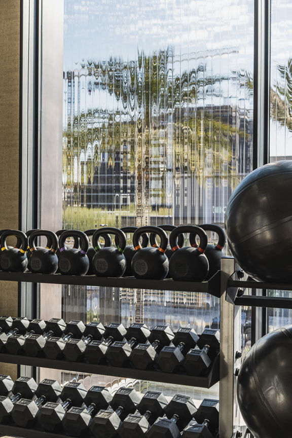 A rack filled with kettlebells and dumbbells in front of a window